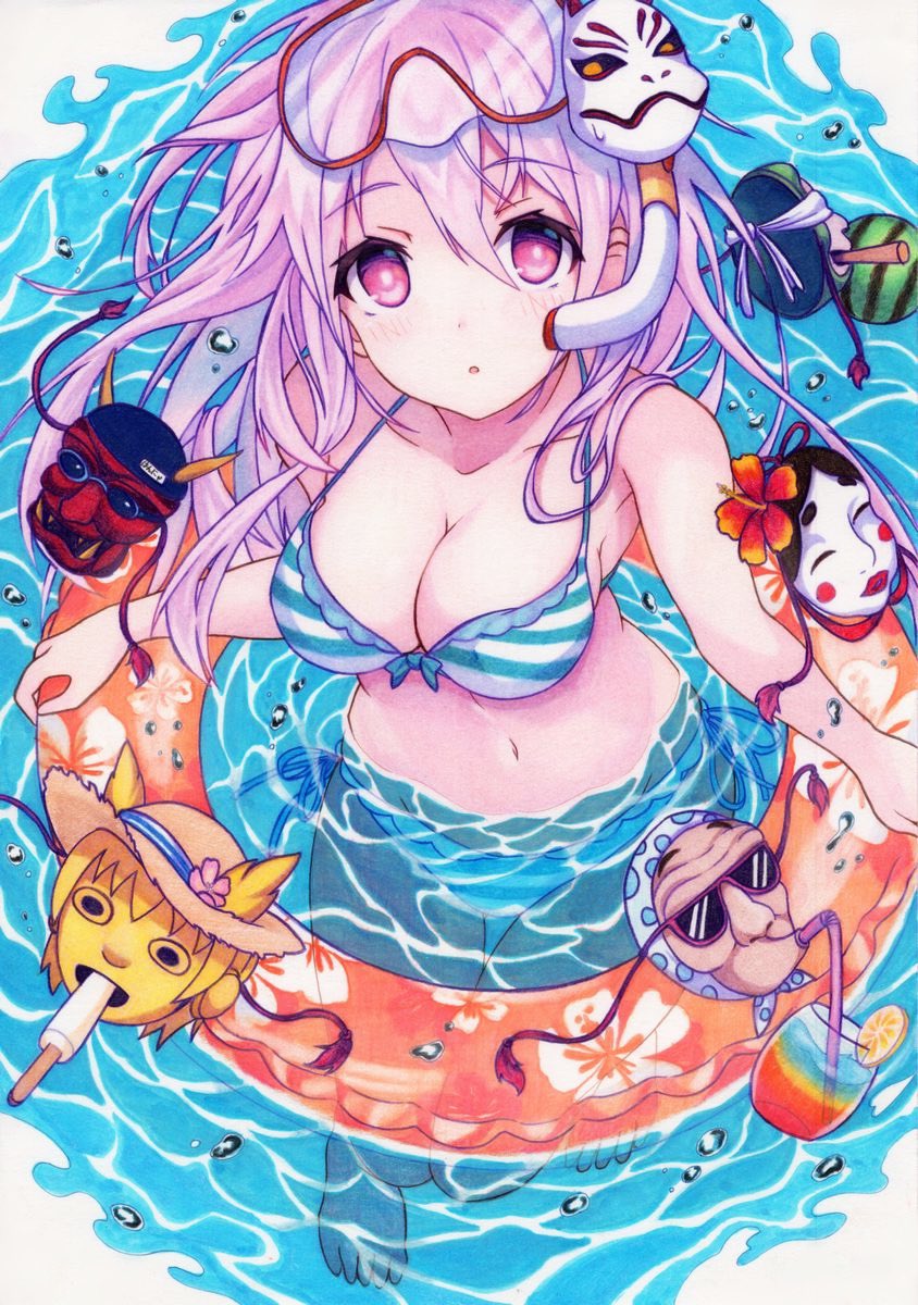 1girl bikini breasts expressions fox_mask hata_no_kokoro highres kittona looking_at_viewer mask new_mask_of_hope oni_mask pink_eyes pink_hair solo swimsuit touhou water