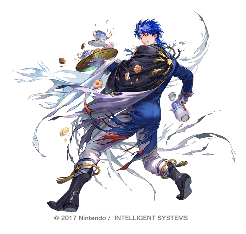 1boy black_footwear black_vest blue_eyes blue_hair blue_jacket boots cape clenched_teeth commentary_request cookie cup fire_emblem fire_emblem:_genealogy_of_the_holy_war fire_emblem_heroes food from_behind full_body gloves holding holding_teapot holding_tray jacket long_sleeves looking_at_viewer male_focus official_alternate_costume official_art one_eye_closed pants short_hair sigurd_(fire_emblem) simple_background solo standing suzuki_rika teacup teapot teeth torn_cape torn_clothes torn_jacket tray vest white_background white_gloves white_pants