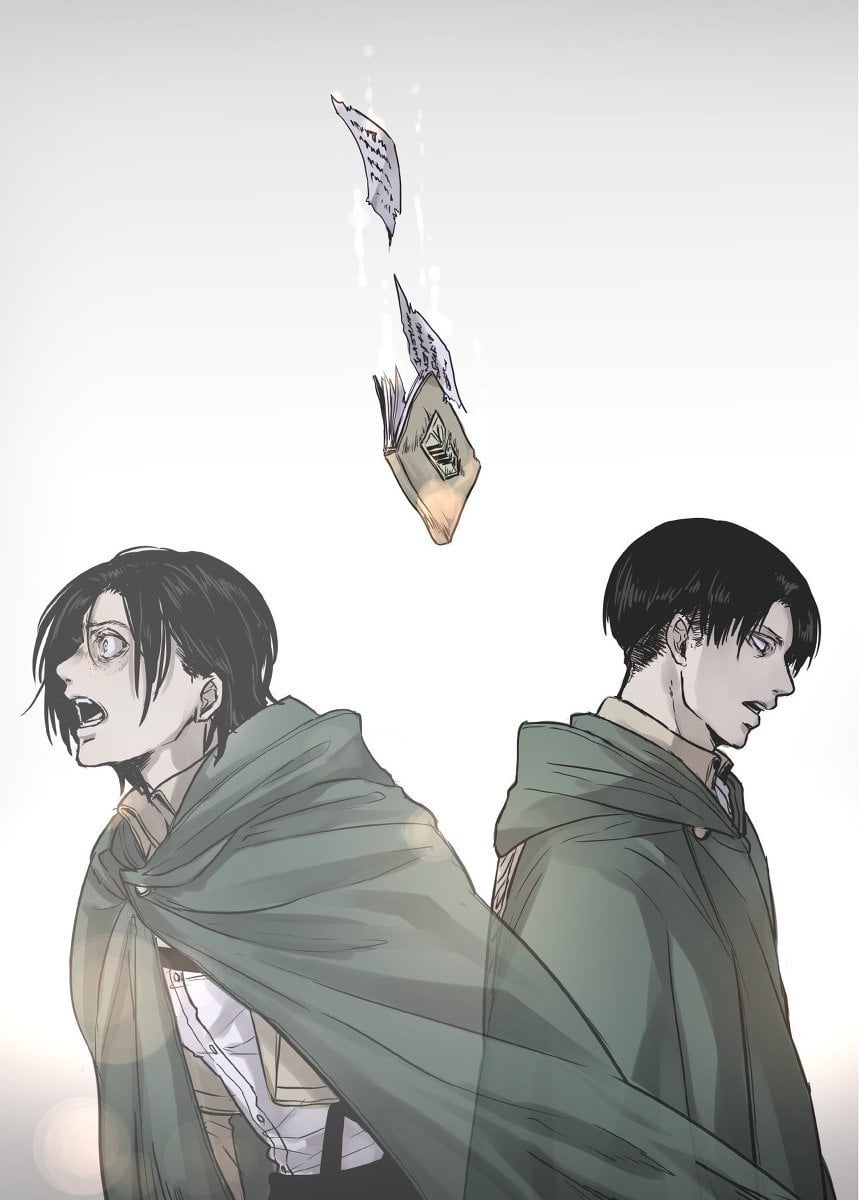 1boy 1girl bad_id bad_twitter_id cloak constricted_pupils falling freckles highres hood hooded_cloak ilse_langner jacket kanata_330 levi_(shingeki_no_kyojin) looking_ahead military_uniform notebook notes paradis_military_uniform shingeki_no_kyojin short_hair sideburns_stubble simple_background surprised symbolism talking uniform upper_body wide-eyed