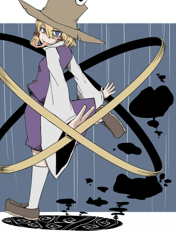 1girl blonde_hair blue_background blue_eyes breasts brown_footwear brown_headwear commentary_request full_body hair_between_eyes hair_ribbon hat kuri_dora loafers long_bangs long_sleeves long_tongue looking_at_viewer looking_to_the_side moriya's_iron_rings moriya_suwako puddle purple_skirt purple_vest rain red_ribbon ribbon shaded_face shirt shoes short_hair skirt skirt_set small_breasts smile socks solo tongue tongue_out touhou turtleneck vest walking white_shirt white_socks wide_sleeves
