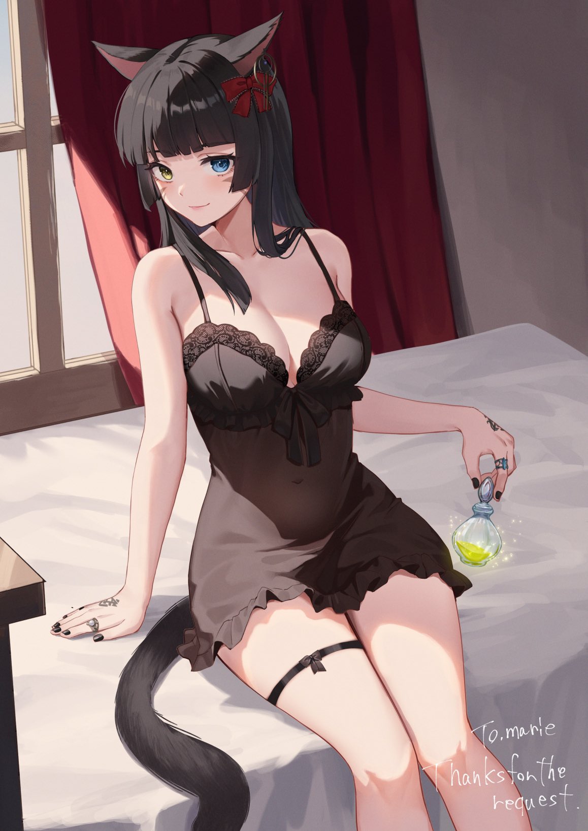 1girl animal_ears babydoll black_babydoll black_hair black_nails blue_eyes bow breasts cat_ears cat_tail cleavage collarbone commentary_request commission covered_navel curtains earrings facial_mark final_fantasy final_fantasy_xiv hair_bow hair_over_shoulder heterochromia highres holding jewelry miqo'te ramachiru red_bow ring sitting skeb_commission solo tail thigh_strap window yellow_eyes