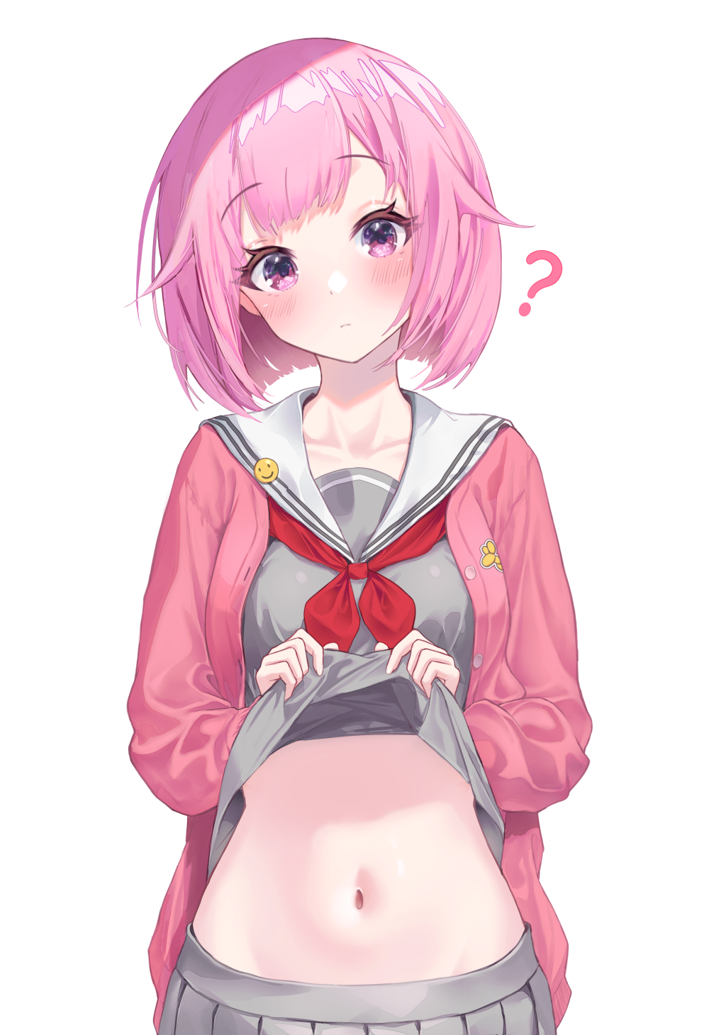1girl ? badge blunt_ends blush button_badge cardigan ciawasemono closed_mouth clothes_lift collarbone grey_serafuku grey_skirt head_tilt highres lifted_by_self long_sleeves looking_at_viewer medium_hair navel neckerchief ootori_emu open_cardigan open_clothes pink_cardigan pink_eyes pink_hair pleated_skirt project_sekai raised_eyebrows red_neckerchief sailor_collar school_uniform serafuku shirt_lift simple_background skirt smile_emoji solo standing stomach white_background white_sailor_collar