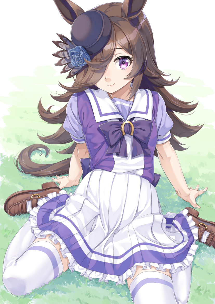 1girl animal_ears brown_footwear brown_hair grass hair_over_one_eye horse_ears horse_tail loafers long_hair looking_at_viewer miri_(ago550421) pleated_skirt rice_shower_(umamusume) school_uniform shoes sitting skirt smile tail thighhighs tracen_school_uniform umamusume white_skirt white_thighhighs zettai_ryouiki