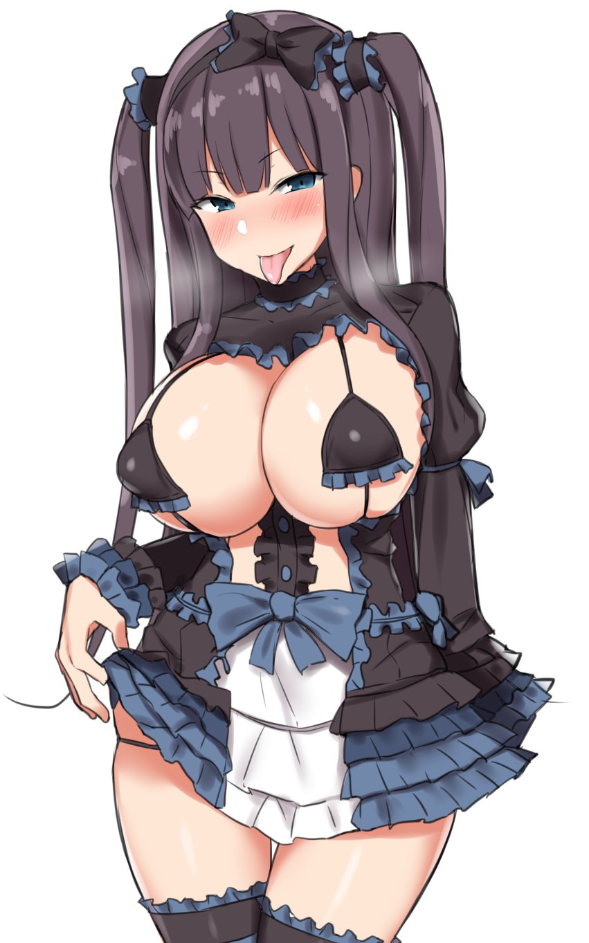 blue_eyes blunt_bangs blush bow breasts breath covered_nipples dress frilled_dress frilled_skirt frilled_sleeves frills hair_bow hair_ornament highres large_breasts long_sleeves nanae naughty_face original short_dress sidelocks skindentation skirt smile thigh_gap thighhighs tongue tongue_out twintails