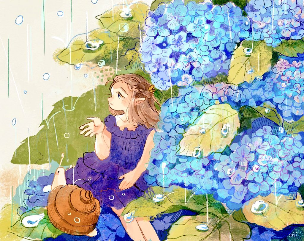 1girl blue_eyes blue_flower brown_hair dress flower hydrangea long_hair oniheya_53 open_mouth original painting_(medium) pointy_ears purple_dress rain sitting sleeveless sleeveless_dress snail solo traditional_media watercolor_(medium)