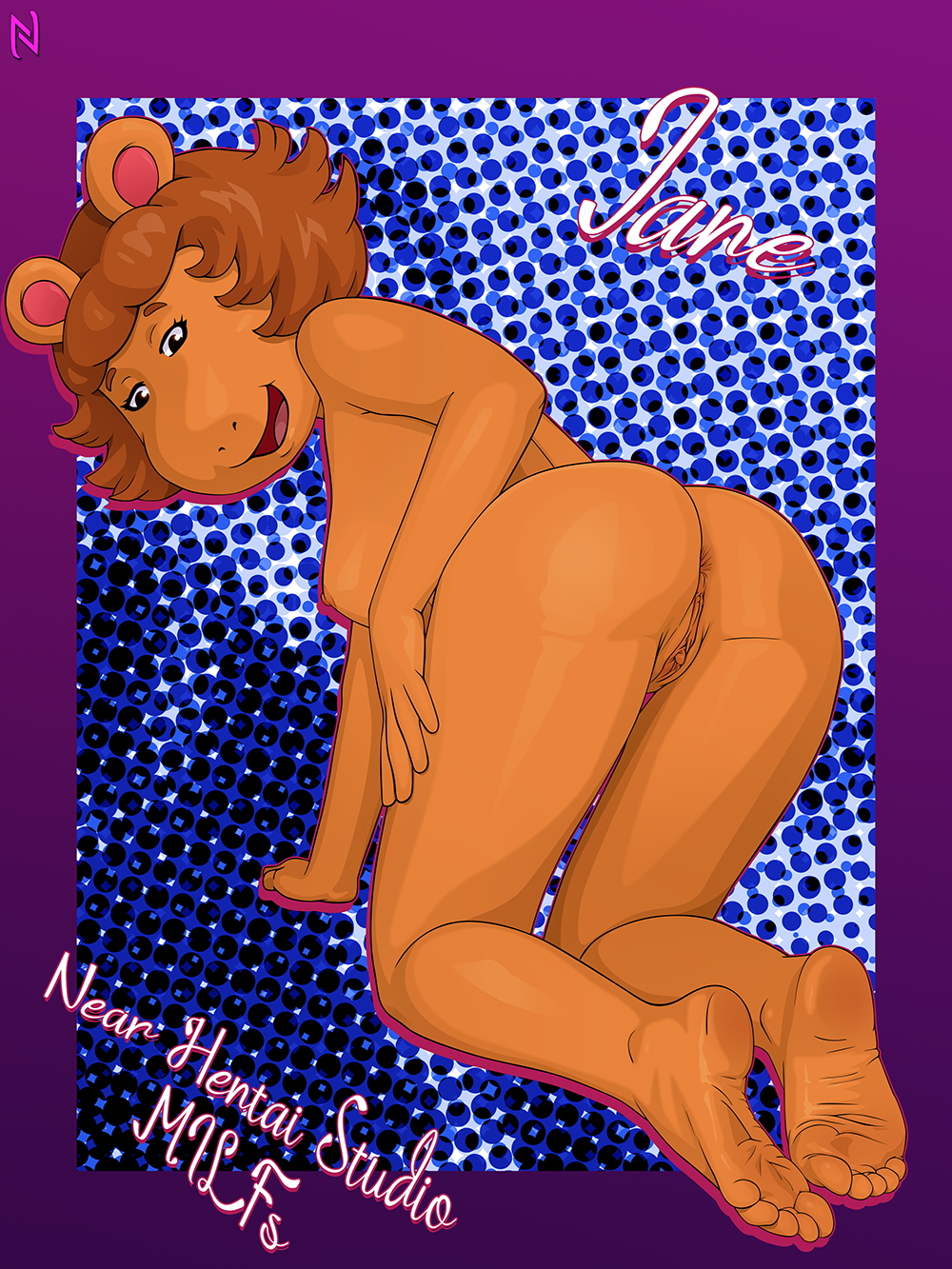 2022 aardvark anthro anus areola arthur_(series) barefoot breasts brown_hair butt english_text feet female genitals hair hi_res jane_read kneeling mammal mature_anthro mature_female nearphotison nipples nude open_mouth open_smile pussy simple_background smile soles solo tan_body text
