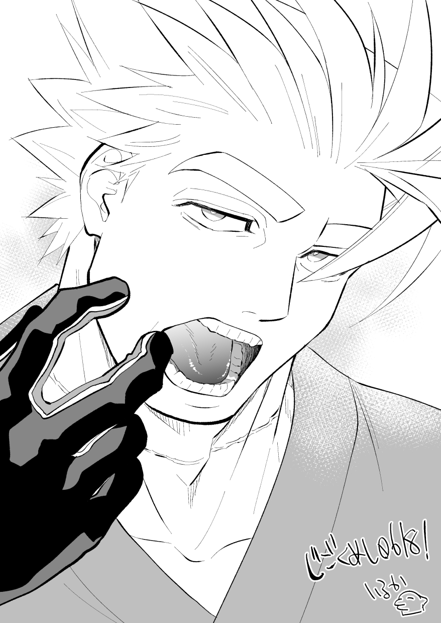 1boy adam's_apple bara deruha_(this_communication) finger_in_own_mouth gloves greyscale head_tilt highres huge_eyebrows male_focus monochrome open_mouth portrait scar scar_on_neck short_hair solo spiked_hair thick_neck this_communication umedairuka