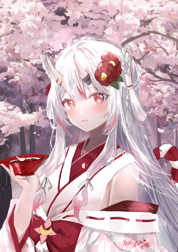 1girl bare_shoulders closed_mouth commentary_request fang fang_out flower hair_between_eyes hair_flower hair_ornament hand_up holding hololive horns japanese_clothes kimono long_hair long_sleeves looking_at_viewer lunacats multicolored_hair nakiri_ayame off_shoulder oni oni_horns petals red_eyes red_flower red_hair signature solo streaked_hair tree upper_body very_long_hair virtual_youtuber white_hair white_kimono wide_sleeves