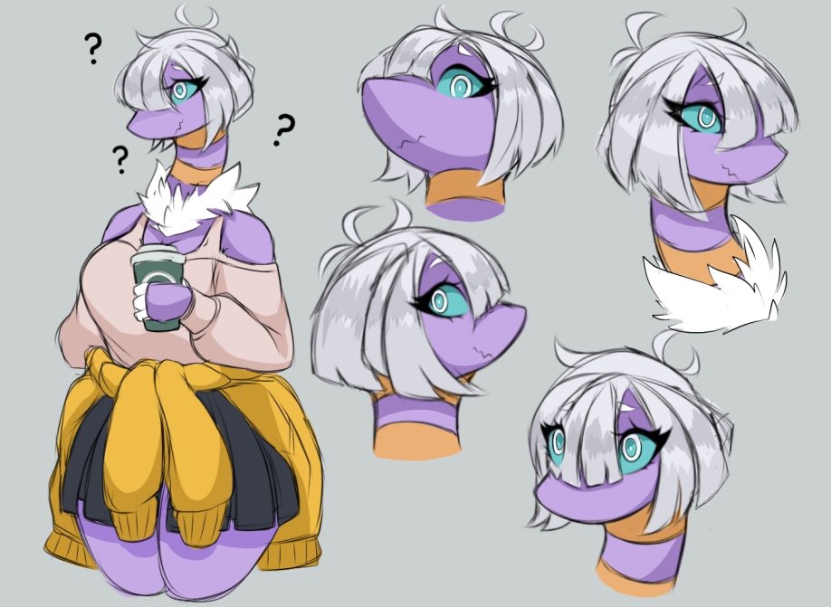 anthro avian blue_eyes bottomwear breasts clothed clothing clothing_around_waist coffee_cup container cup espathra female fully_clothed generation_9_pokemon grey_background hair hoodie juppi long_neck neck_tuft nintendo pokemon pokemon_(species) purple_body question_mark simple_background skirt solo tied_clothing topwear tuft white_hair