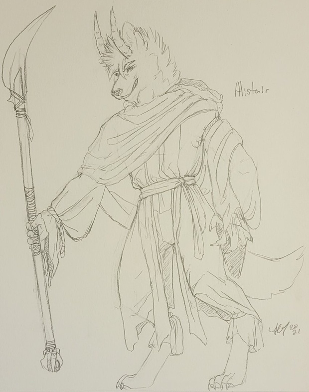 anthro belt blade cape claws clothing fluffy growling halberd hood horn hybrid hyena male mammal melee_weapon pawpads paws polearm robe sketch snarling solo sourmagic staff weapon