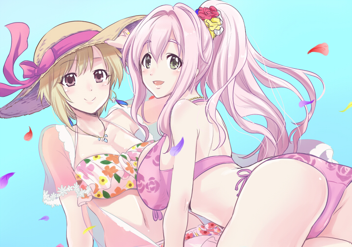 2girls aiba_yumi arm_support ass back bare_shoulders bikini blonde_hair blue_background blush breasts brown_eyes cameltoe cleavage closed_mouth collarbone commentary_request dot_nose earrings falling_petals floral_print flower front-tie_bikini_top front-tie_top hair_flower hair_ornament hat hat_ribbon idolmaster idolmaster_cinderella_girls idolmaster_cinderella_girls_starlight_stage jacket jewelry kurokoshi_you large_breasts layered_bikini long_hair looking_at_viewer looking_back lying medium_breasts multiple_girls open_mouth petals pink_bikini pink_hair ponytail print_bikini purple_ribbon ribbon saionji_kotoka see-through see-through_jacket short_hair short_sleeves side-tie_bikini_bottom skirt smile straw_hat swimsuit thick_eyebrows white_bikini white_skirt