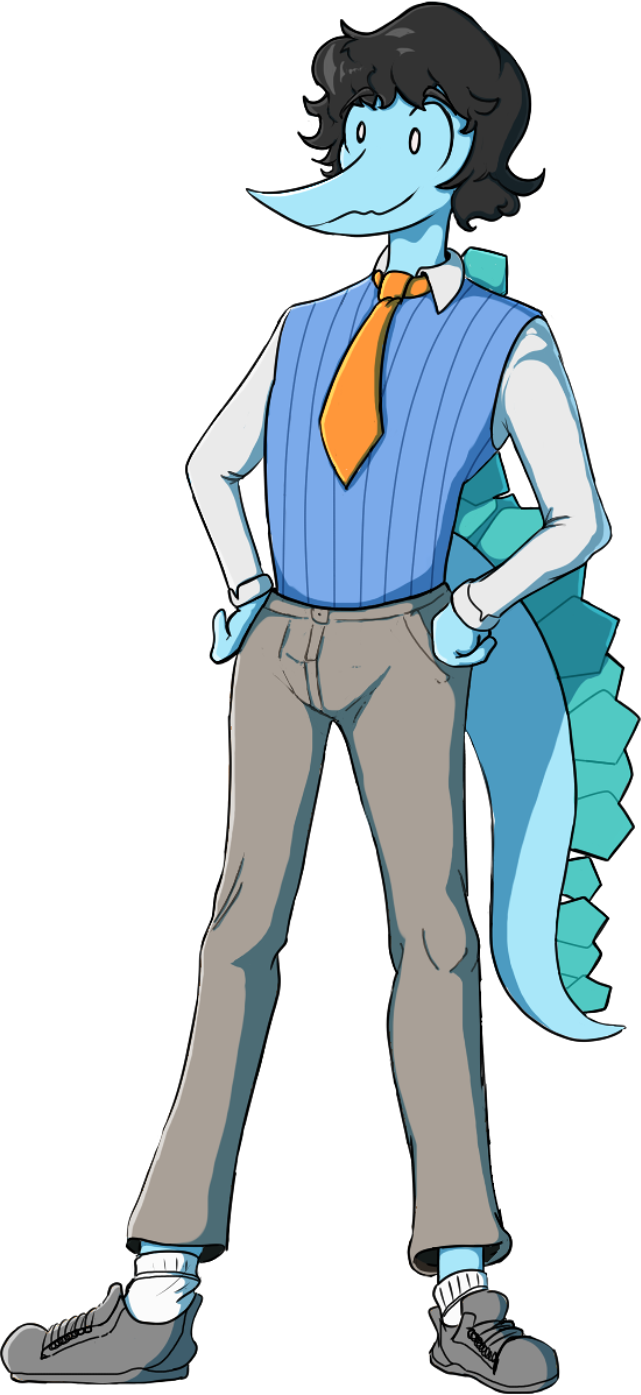 alpha_channel andy_(snoot_game) anthro black_hair blue_body bottomwear clothing colored dinosaur footwear hair hi_res long_tail male necktie ornithischian pants plantigrade reptile scalie shirt shoes simple_background simple_eyes snoot_game snout solo standing stegosaurian sweater sweater_vest tail thyreophoran topwear transparent_background unknown_artist vest