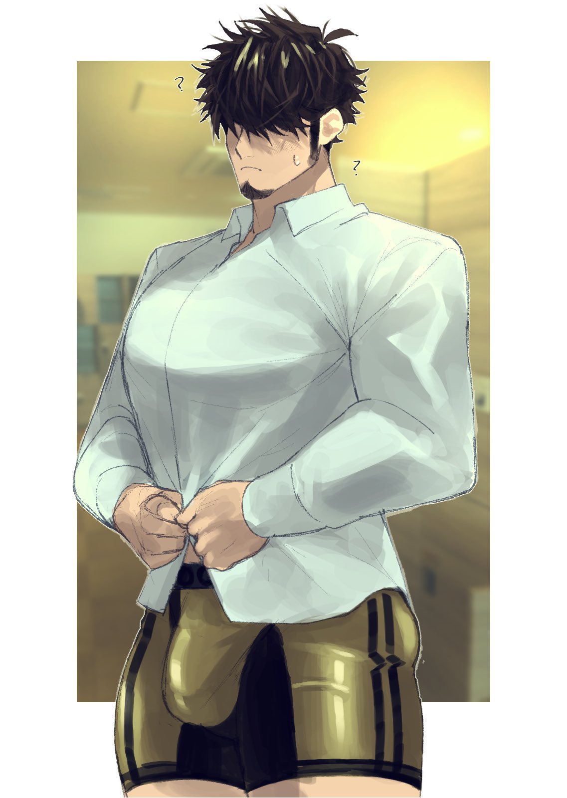 1boy ? bara boxers bulge collared_shirt covered_penis dressing from_below goburin_second hair_over_eyes highres huge_pectorals long_sideburns male_focus male_underwear mature_male muscular muscular_male original shirt short_hair sideburns solo thick_thighs thighs underwear
