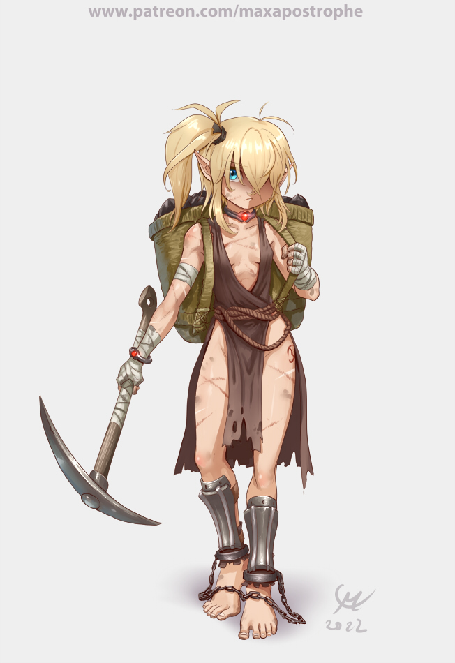 2022 backpack bag bandages barefoot blonde_hair blue_eyes chain coal collar dirty elf fantasy hairband holding holding_pickaxe lettanya_(maxa') light_frown maxa' original pickaxe pointy_ears scar shin_guards slave slave_tattoo solo tattoo white_background