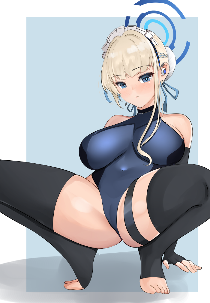 1girl alternate_costume bare_shoulders black_gloves black_thighhighs blonde_hair blue_archive blue_background blue_eyes blue_leotard blush border breasts cleavage commentary_request earbuds earphones fingerless_gloves gloves hair_bun halo large_breasts leotard looking_at_viewer maid_headdress no_shoes short_hair solo spread_legs tf_cafe thigh_strap thighhighs toeless_legwear toes toki_(blue_archive) white_border