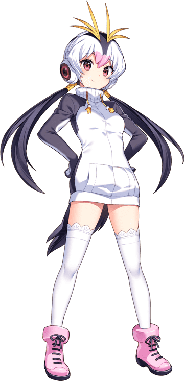 1girl animal_hood black_hair boots game_cg gloves headphones hood kemono_friends kemono_friends_kingdom kneehighs long_hair looking_at_viewer multicolored_hair official_art penguin_girl penguin_hood penguin_tail red_eyes royal_penguin_(kemono_friends) smile socks solo tachi-e tail transparent_background white_hair