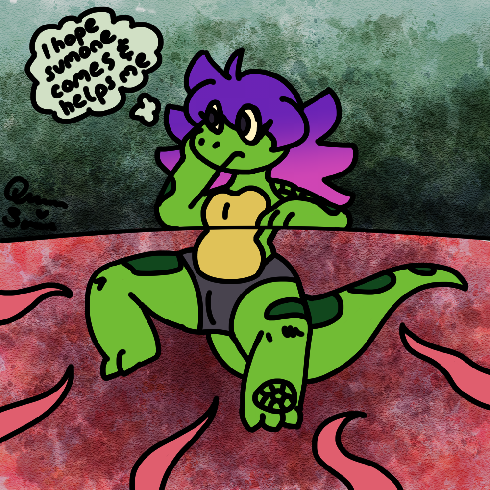 anthro female gradient_hair green_body green_scales green_spots hair lizard messy_hair pants_only pink_hair purple_hair queen_susie reptile scales scalie scar signature solo spots stuck stuck_in_ground tail tentacles thick_tail thought_bubble trixie_(queen_susie) underbelly yellow_underbelly