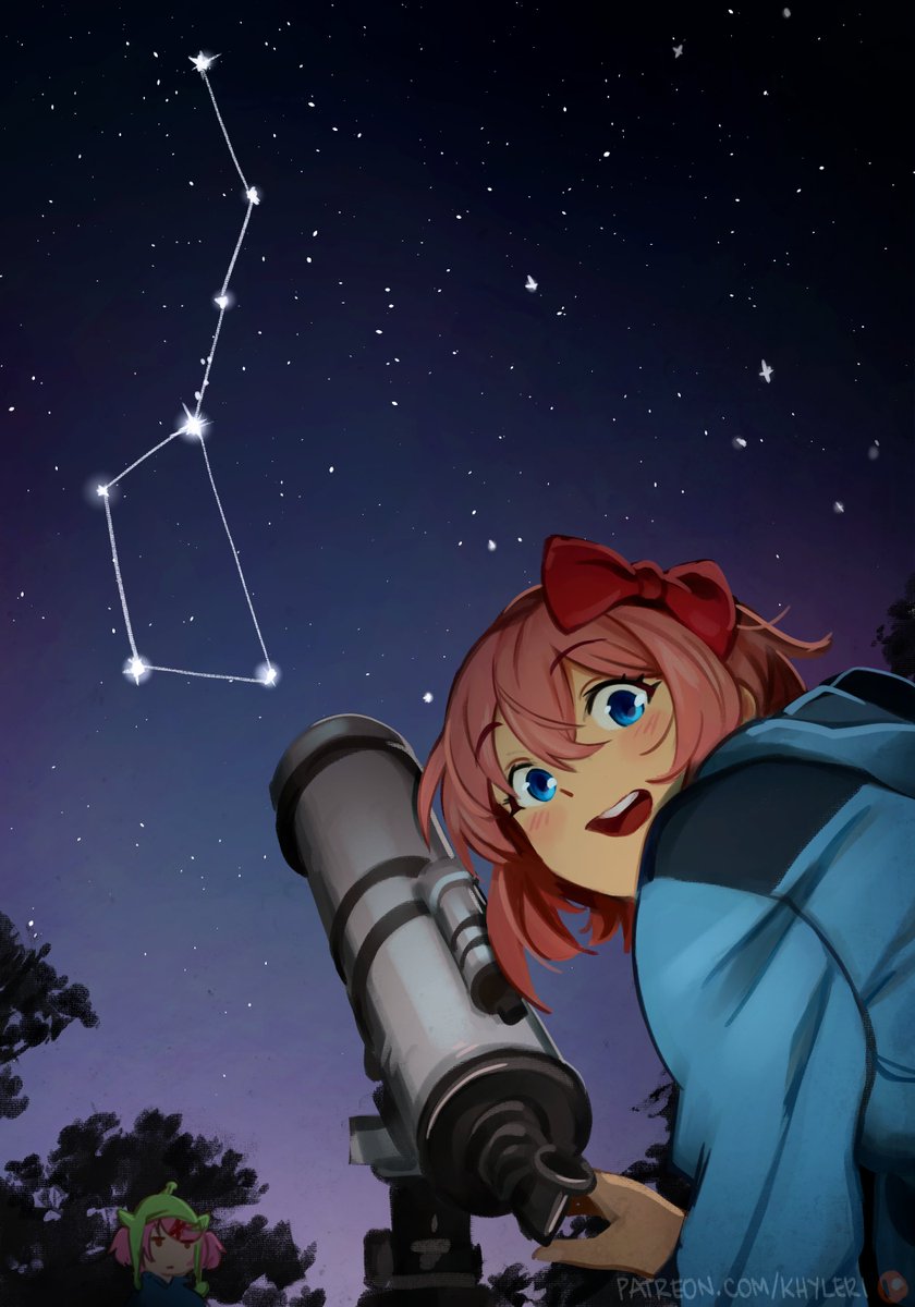 2girls big_dipper blue_eyes blush bow commentary constellation doki_doki_literature_club english_commentary green_headwear hair_bow hat highres khyle. looking_at_viewer looking_back multiple_girls natsuki_(doki_doki_literature_club) night night_sky open_mouth outdoors pink_hair red_bow sayori_(doki_doki_literature_club) short_hair sky solo_focus star_(sky) starry_sky telescope