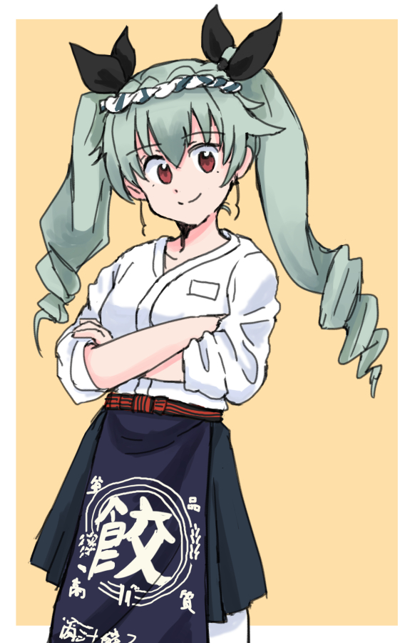 1girl anchovy_(girls_und_panzer) apron black_ribbon blue_apron border closed_mouth commentary crossed_arms drill_hair girls_und_panzer green_hair hachimaki hair_ribbon headband long_hair long_sleeves looking_at_viewer mutsu_(layergreen) pants red_eyes ribbon shirt simple_background smile solo standing twin_drills twintails waist_apron white_border white_pants white_shirt yellow_background