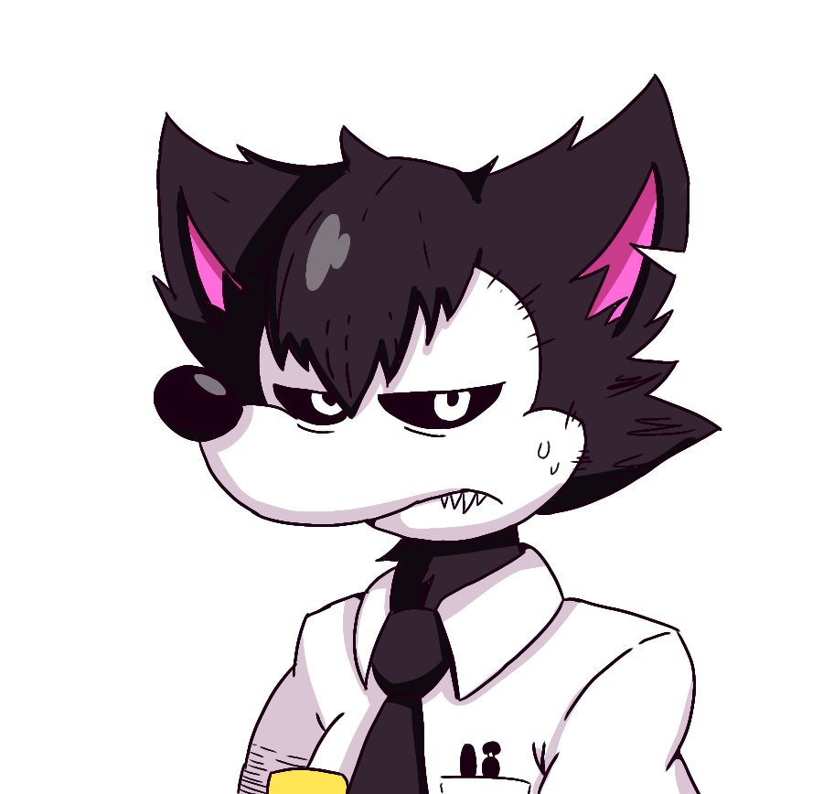 annoyed anthro black_body black_fur black_hair black_pupils canid canine canis clothing crow_(thedeathcrow) fur hair male mammal necktie pupils shirt simple_background solo teeth thedeathcrow05 topwear white_background white_eyes wolf