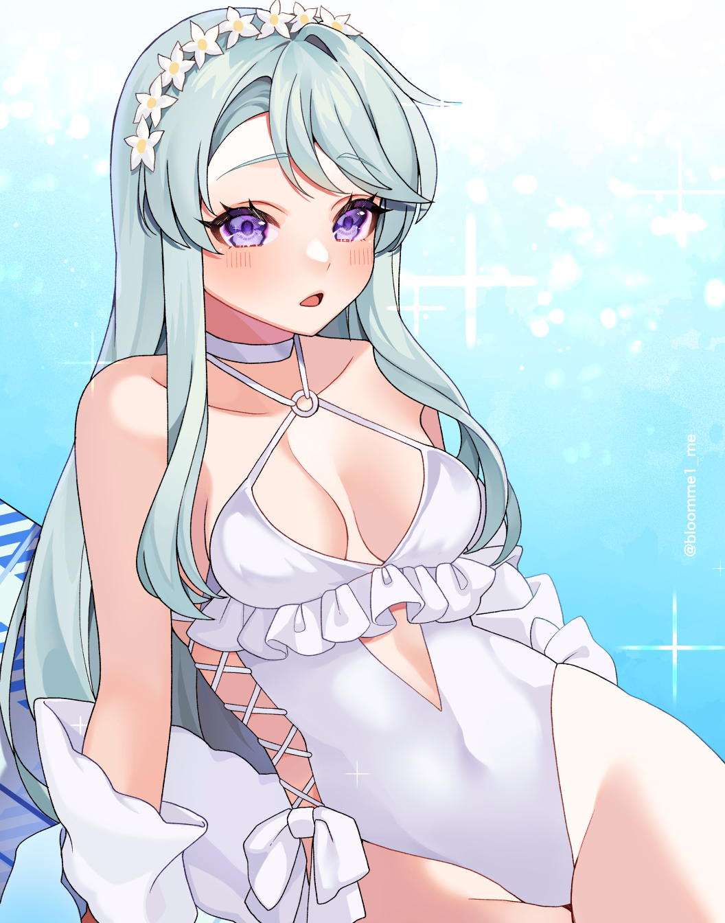 1girl blush breasts casual_one-piece_swimsuit collarbone covered_navel cowboy_shot cross-laced_slit cutout_above_navel dutch_angle flower grey_hair groin hair_flower hair_ornament highres kantai_collection kozu_(bloomme1_me) long_hair o-ring o-ring_swimsuit official_alternate_costume one-piece_swimsuit open_mouth purple_eyes sagiri_(kancolle) sideless_outfit sidelocks small_breasts solo swimsuit twitter_username white_flower white_one-piece_swimsuit