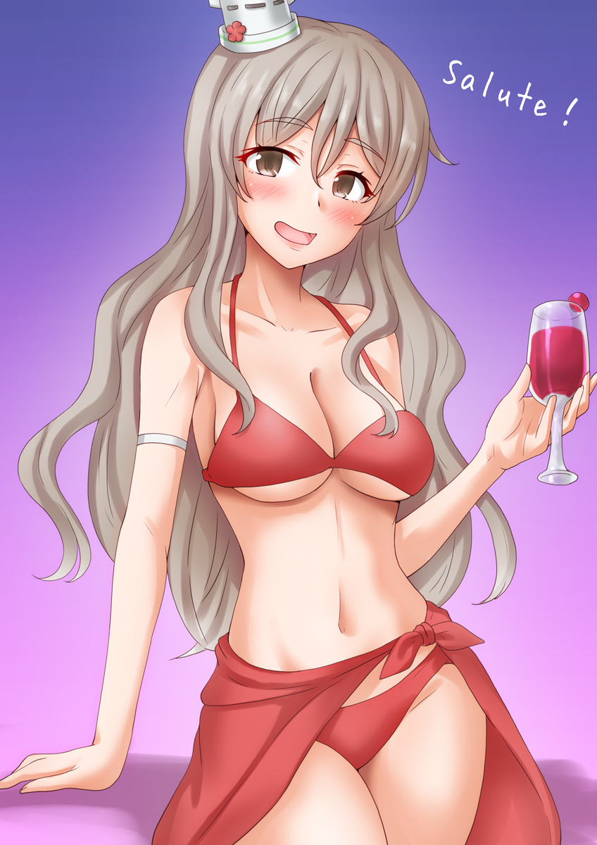 1girl alcohol anti_(untea9) bikini blue_background breasts brown_eyes cleavage commentary_request cowboy_shot cup drinking_glass gradient_background grey_hair hat highres holding kantai_collection large_breasts mini_hat pola_(kancolle) red_bikini red_sarong sarong solo swimsuit tilted_headwear wavy_hair wine wine_glass