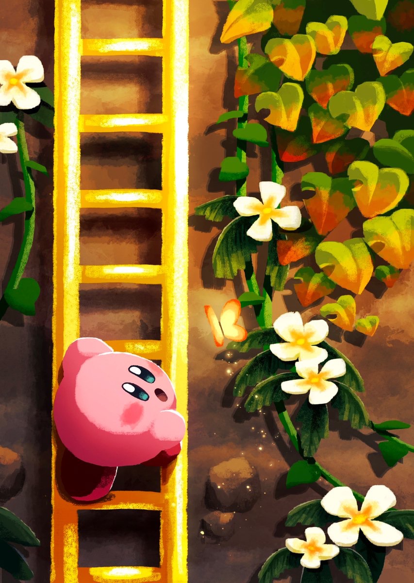 :o aruco_co blue_eyes blush blush_stickers bug butterfly climbing_ladder commentary_request flower highres kirby kirby_(series) ladder leaf looking_to_the_side no_humans open_mouth plant solo vines white_flower yellow_butterfly yellow_flower