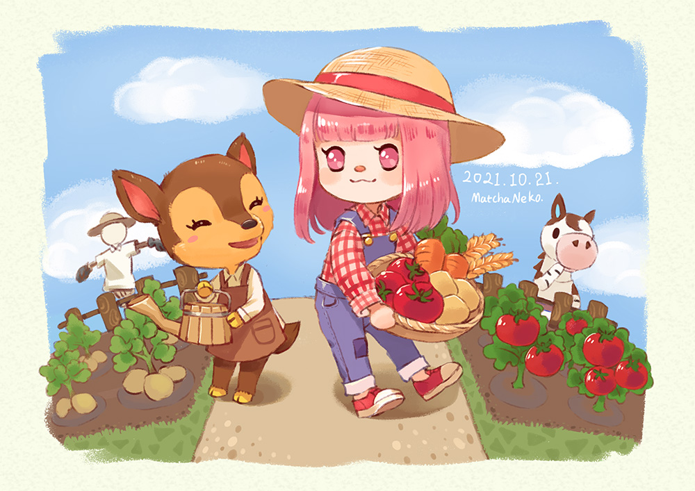 1boy 2girls :3 :d ^_^ animal_crossing apron artist_name basket blue_overalls blue_pants blue_sky blunt_bangs blush blush_stickers border brown_apron brown_headwear carrot closed_eyes closed_mouth cloud collared_shirt commentary dated day deer_girl english_commentary fauna_(animal_crossing) fence furry furry_female furry_male garden grass green_border hat hime_cut holding holding_basket holding_watering_can horse_boy long_hair long_sleeves matchaneko multiple_girls open_mouth outdoors overalls pants papi_(animal_crossing) path pink_eyes pink_hair plant potato red_footwear red_shirt scarecrow shirt shoes sidelocks sky smile standing straw_hat tomato tomato_plant villager_(animal_crossing) watering_can wheat white_shirt wing_collar wooden_fence