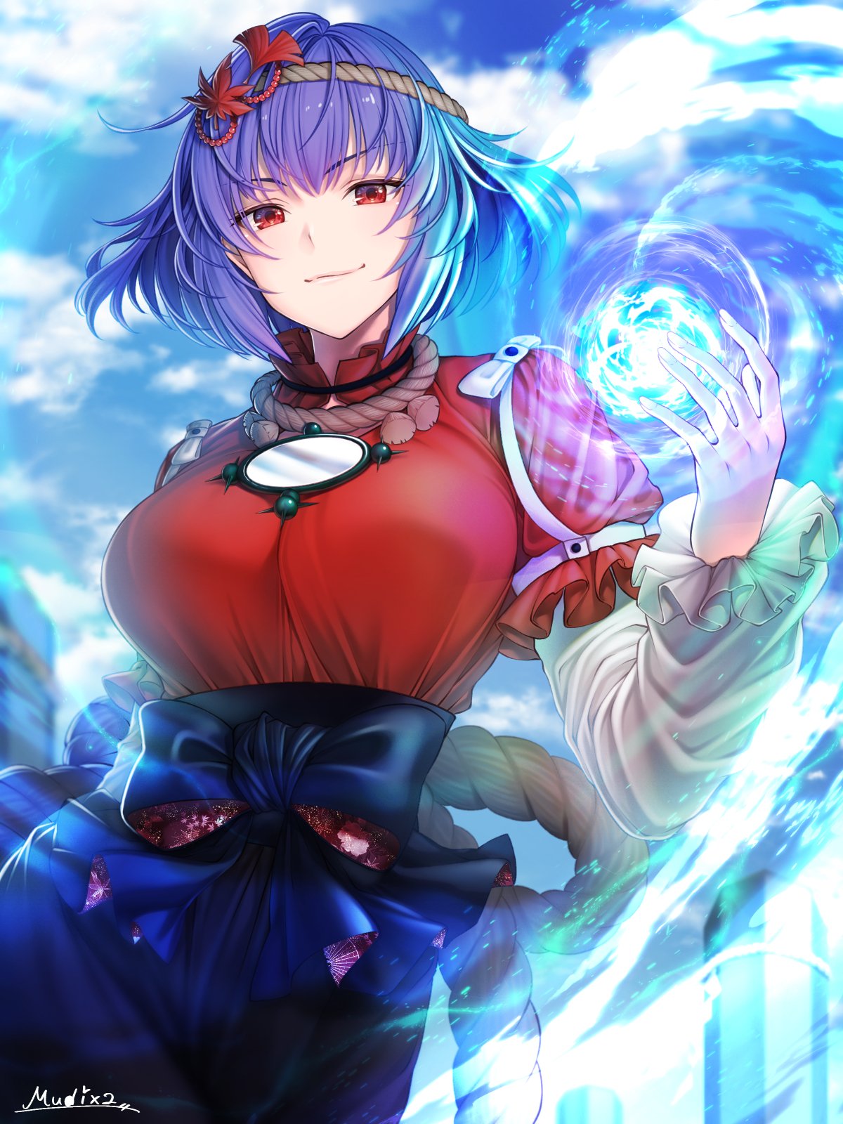 1girl black_skirt blue_sky breasts closed_mouth cloud commentary_request hair_ornament high-waist_skirt highres large_breasts leaf_hair_ornament looking_at_viewer mirror mitama_mudimudi outdoors purple_hair red_eyes red_shirt shirt short_hair signature skirt sky smile solo touhou yasaka_kanako