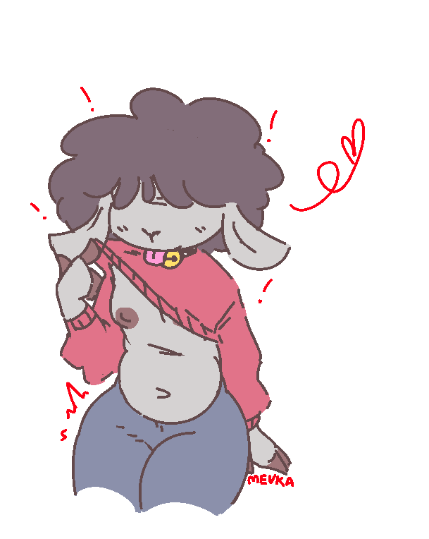 anthro belly bottomwear bovid breasts caprine clothing curled_hair hair hair_over_eye hair_over_eyes male mammal mevka_(artist) navel obscured_eyes one_eye_obstructed pants presenting presenting_breasts presenting_nipple sheep solo sweater tom_(isolatedartest) tongue tongue_out topwear yoga_pants