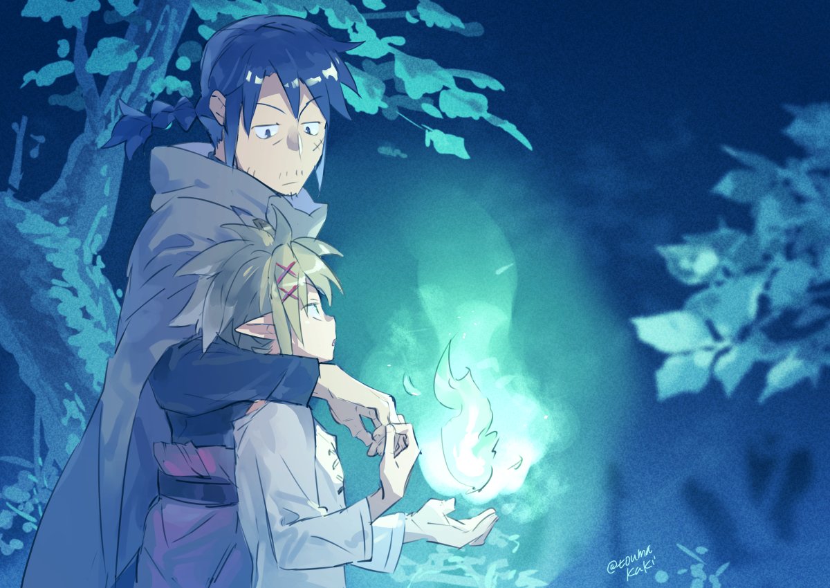 2boys arm_around_neck blue_fire braid braided_ponytail cloak dasshu_(dashi_now) eye_contact fire height_difference holding_hands hood hooded_cloak ishuzoku_reviewers leg_hair long_hair looking_at_another looking_down male_focus mature_male multiple_boys mustache_stubble night sidelocks size_difference sparse_stubble stunk upper_body zel_(ishuzoku_reviewers)