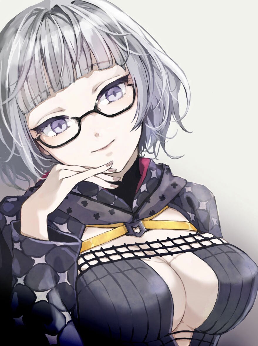 1girl black_dress black_jacket breasts cleavage cropped_jacket dress fate/grand_order fate_(series) glasses grey_eyes grey_hair hood hooded_jacket jacket jacques_de_molay_(foreigner)_(fate) kino_kokko large_breasts long_sleeves open_clothes open_jacket short_hair smile solo