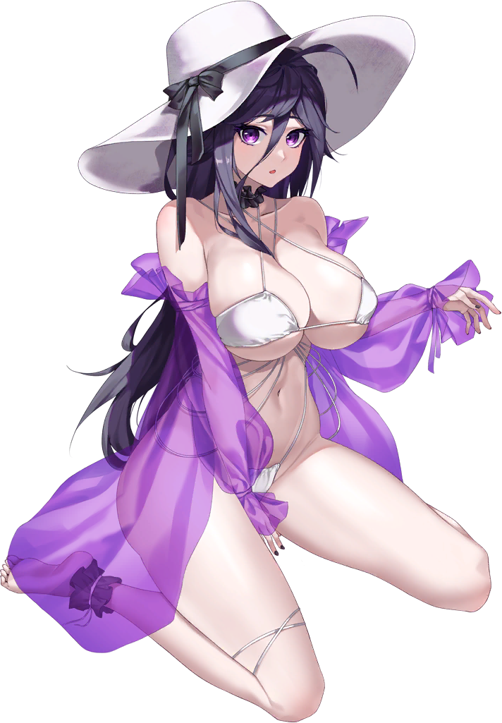 1girl ahoge ankleband bare_shoulders barefoot between_breasts bikini black_choker black_nails black_ribbon breasts choker cleavage collarbone covering covering_crotch criss-cross_halter d-log frilled_choker frilled_shawl frills full_body hair_between_eyes halterneck hat hat_ribbon hela_(last_origin) highleg highleg_swimsuit large_breasts last_origin linea_alba long_hair looking_at_viewer messy_hair nail_polish navel official_alternate_costume official_art open_mouth purple_eyes purple_hair purple_shawl ribbon see-through_shawl shawl simple_background sitting skindentation string_bikini sun_hat swimsuit tachi-e thigh_strap third-party_source transparent_background wariza white_bikini white_headwear