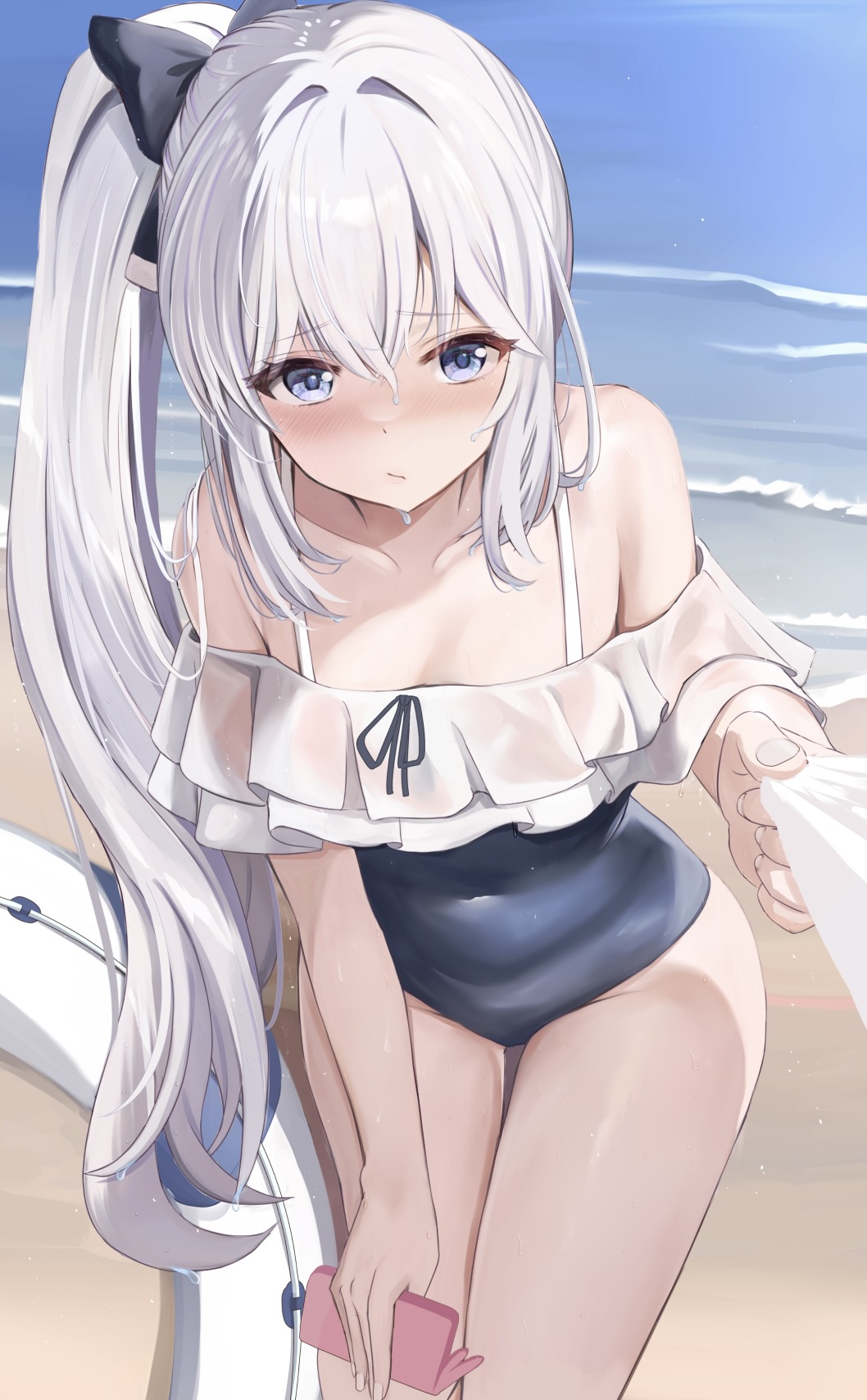 1girl bare_shoulders beach black_bow blue_archive blue_eyes blue_hair blush bow casual_one-piece_swimsuit closed_mouth clothes_pull collarbone commentary_request covered_navel cowboy_shot fingernails frilled_one-piece_swimsuit frills frown hair_between_eyes hair_bow hair_intakes hand_on_own_thigh highres holding holding_phone leaning_forward light_blue_hair long_hair miyako_(blue_archive) miyako_(swimsuit)_(blue_archive) nose_blush ocean off-shoulder_one-piece_swimsuit off_shoulder one-piece_swimsuit outdoors partial_commentary phone phone_with_ears ryouta_(ryouta335) sand side_ponytail solo swimsuit thick_thighs thigh_gap thighs very_long_hair white_innertube