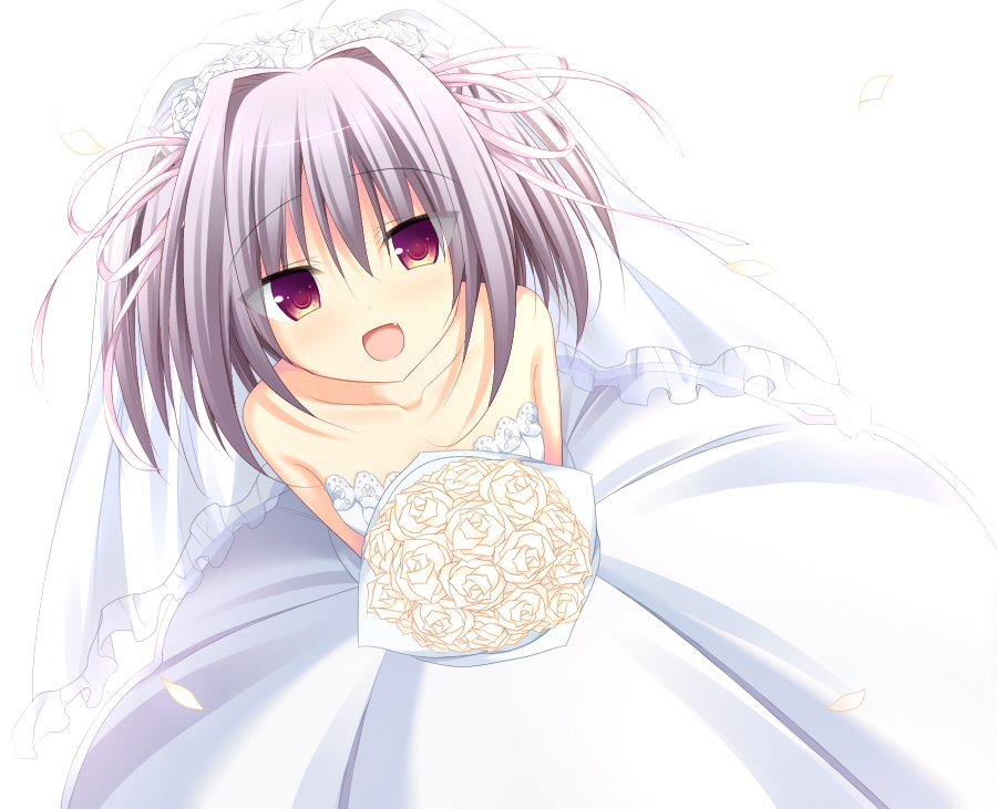 1girl :d bare_shoulders blush bouquet bridal_veil collarbone commentary_request dress eyes_visible_through_hair fang flower from_above grey_hair hair_between_eyes hair_intakes hair_ribbon happy hapymaher holding holding_bouquet korokoro_cat looking_at_viewer medium_hair naitou_maia open_mouth red_eyes ribbon rose simple_background smile solo strapless strapless_dress two_side_up veil wedding_dress white_background white_dress white_flower white_ribbon white_rose