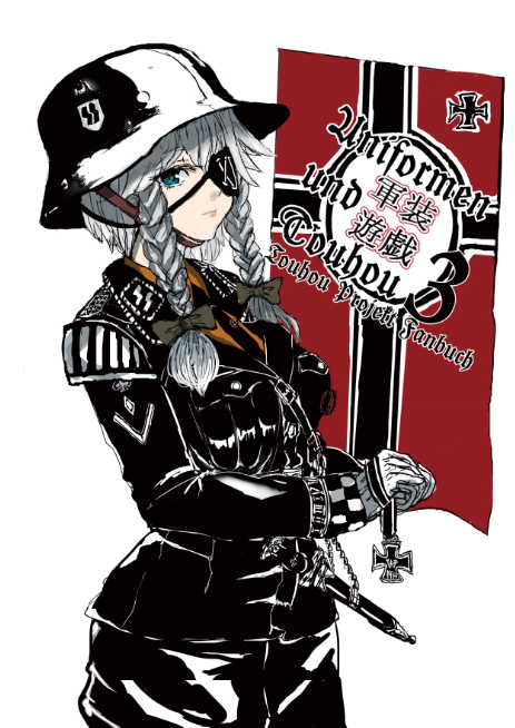 1girl blue_eyes bow braid closed_mouth commentary_request cowboy_shot cross eyepatch german_text gloves grey_hair hair_bow helmet iron_cross izayoi_sakuya long_hair long_sleeves looking_at_viewer military military_helmet military_jacket military_uniform nazi_war_ensign panzer_(p.z) roman_numeral sigrunen simple_background solo ss_insignia stahlhelm touhou twin_braids uniform waffen-ss white_background white_gloves