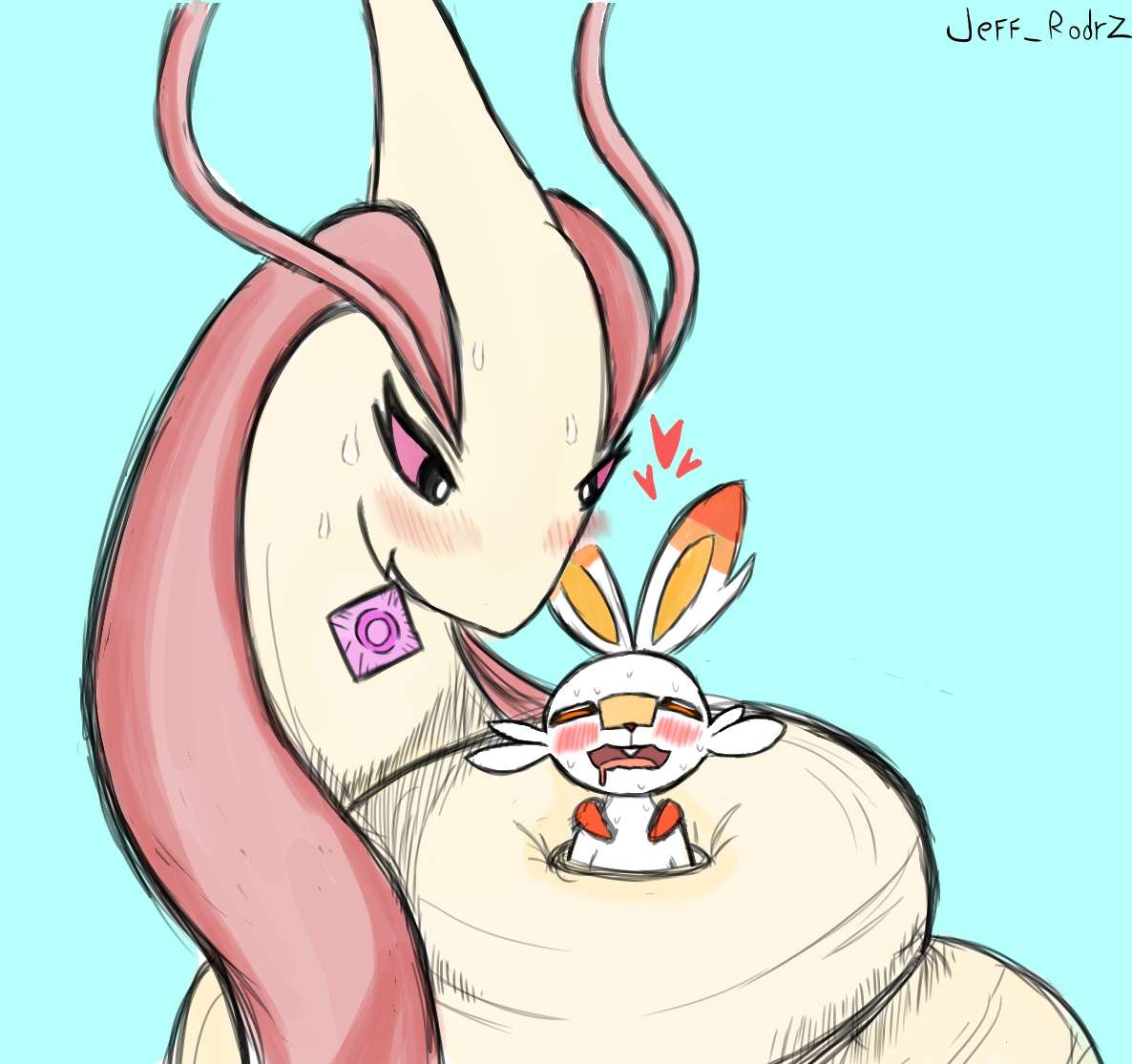 &lt;3 armless blue_background blush bodily_fluids coiling coiling_another condom drooling duo eyes_closed female feral generation_3_pokemon generation_8_pokemon hair jeff_rodrz male milotic nintendo pink_hair pokemon pokemon_(species) saliva scorbunny sexual_barrier_device simple_background sweat teeth whiskers white_body