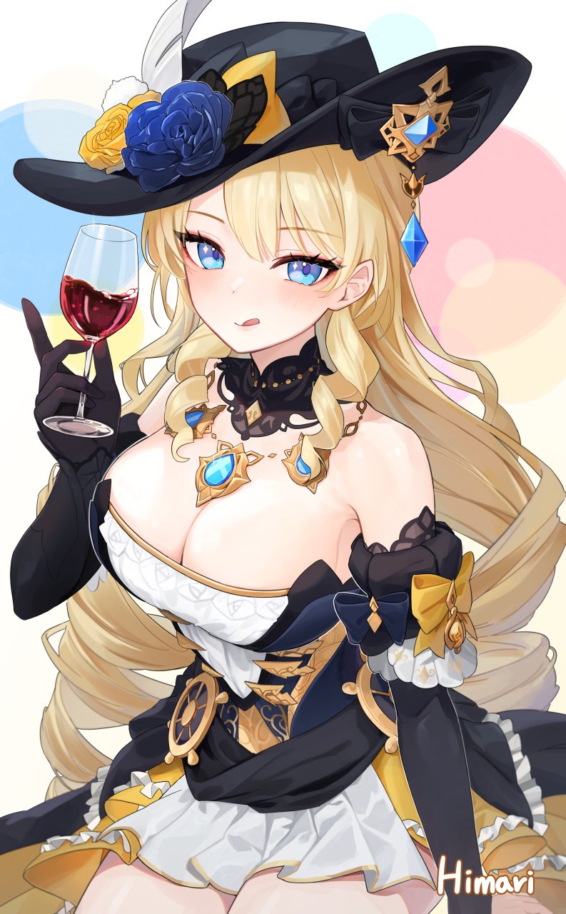 1girl :d armpit_crease artist_name bare_shoulders black_gloves black_headwear blonde_hair blue_eyes blue_gemstone breasts cleavage cowboy_shot cup detached_sleeves dress drill_hair drill_sidelocks drink drinking_glass elbow_gloves flower gem genshin_impact gloves hand_up hat hat_feather hat_flower highres himari_(himari_ttc) holding holding_cup holding_drink lace-trimmed_collar lace_trim large_breasts looking_at_viewer navia_(genshin_impact) red_wine rose second-party_source short_dress short_sleeves showgirl_skirt sidelocks smile solo strapless strapless_dress twin_drills vision_(genshin_impact) wine_glass yellow_flower yellow_rose