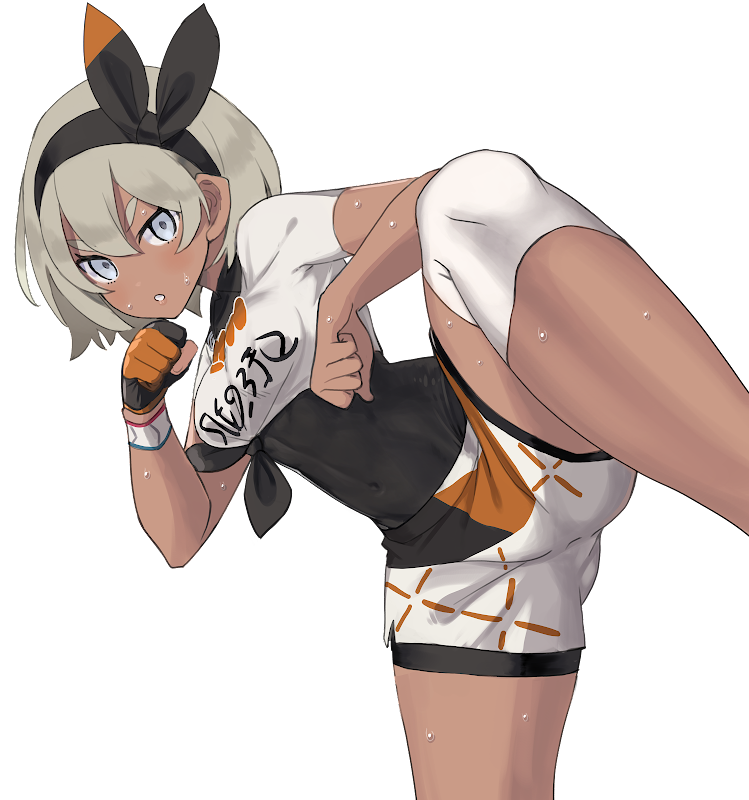 1girl bea_(pokemon) black_bodysuit black_gloves black_hairband blush bodysuit bodysuit_under_clothes bow_hairband breasts commentary_request compression_sleeve covered_navel crop_top dynamax_band feet_out_of_frame fighting_stance gloves grey_eyes grey_hair hair_between_eyes hairband itolife leg_up looking_at_viewer medium_breasts open_mouth orange_gloves partially_fingerless_gloves pokemon pokemon_(game) pokemon_swsh print_shirt shirt short_hair short_sleeves shorts simple_background single_glove solo transparent_background two-tone_gloves v-shaped_eyebrows white_shirt white_shorts