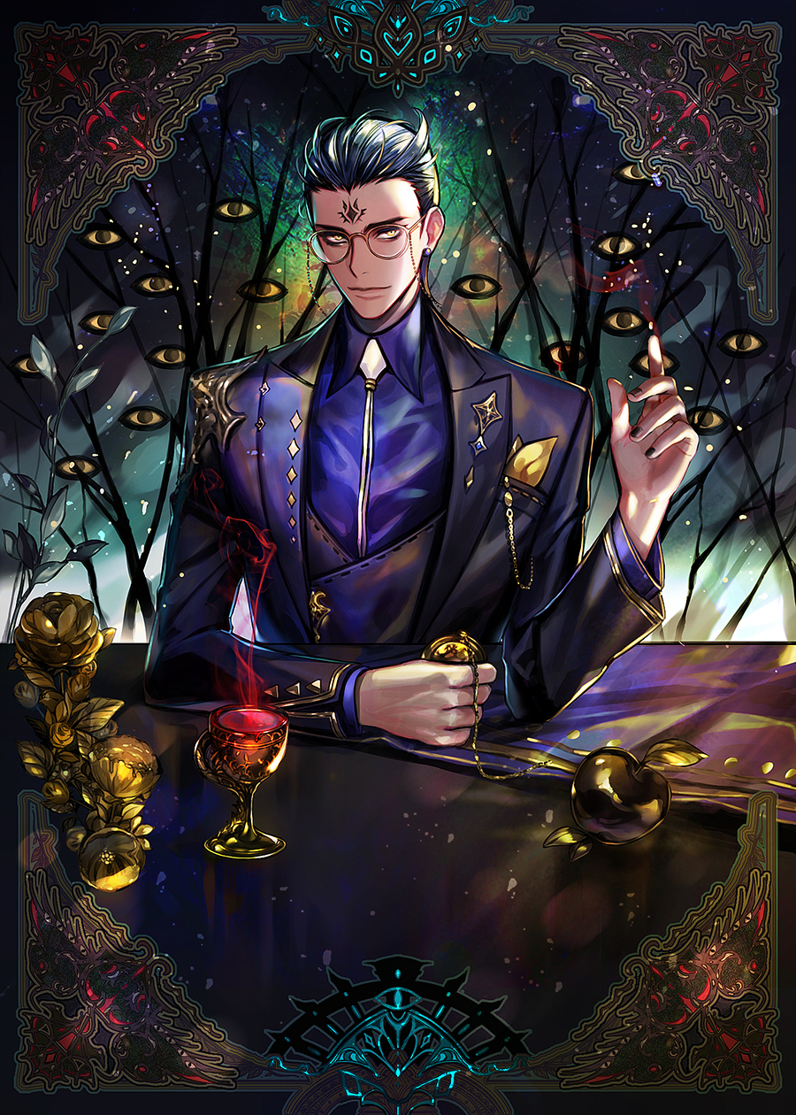 1boy apple belial_(regressor's_instruction_manual) black_hair black_nails chalice eu_(euspia) extra_eyes facial_mark food forehead_mark formal fruit glasses golden_apple hair_slicked_back highres holding holding_pocket_watch korean_commentary light_smile long_hair male_focus novel_illustration official_art pocket_watch regressor's_instruction_manual solo suit watch yellow_eyes
