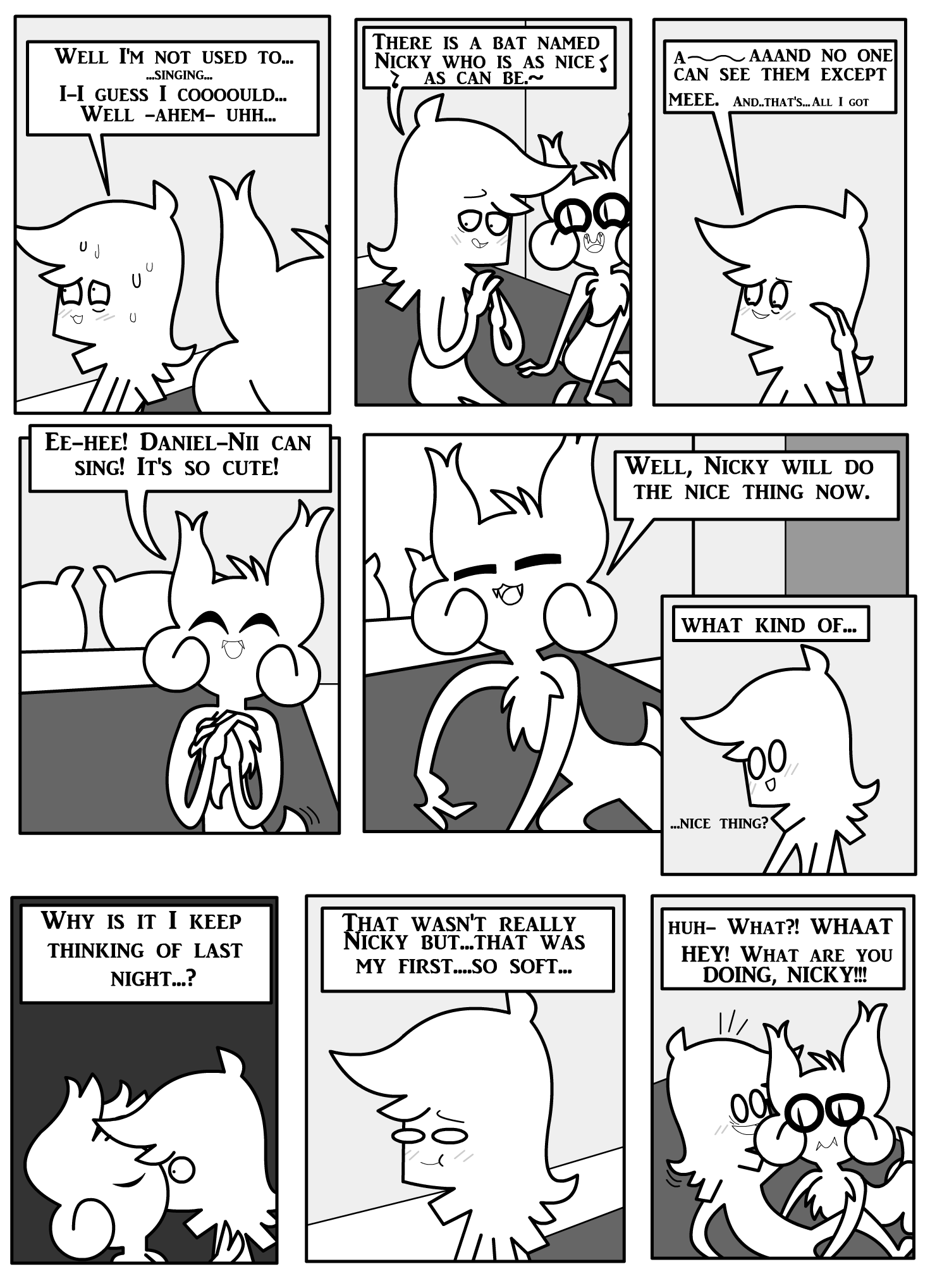 all_fours ambiguous_gender anthro bat bed blush blush_lines bodily_fluids border chest_tuft comic daniel_toke dialogue duo english_text eyes_closed fangs furniture greyscale happy hi_res human iconography inner_monologue inside kiss_on_lips kissing looking_at_another looking_away male male/ambiguous mammal monochrome motion_lines narrowed_eyes nicky_(abfmh) on_bed open_mouth overbite panicking pillow pupils scut_tail shane_frost short_tail sitting slit_pupils smile speech_bubble sweat sweatdrop tail teeth text tuft white_border