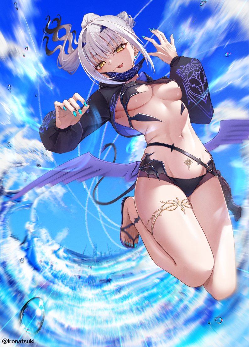 1girl bikini black_bikini breasts character_hood cropped_jacket dragon_wings fate/grand_order fate_(series) forked_eyebrows high_ponytail hooded_shrug ironatsuki long_hair looking_at_viewer mask mask_pull medium_breasts melusine_(swimsuit_ruler)_(fate) melusine_(swimsuit_ruler)_(first_ascension)_(fate) mouth_mask pubic_tattoo removing_mask smile solo stomach_tattoo swimsuit tattoo thighlet tongue tongue_out underboob white_hair wings