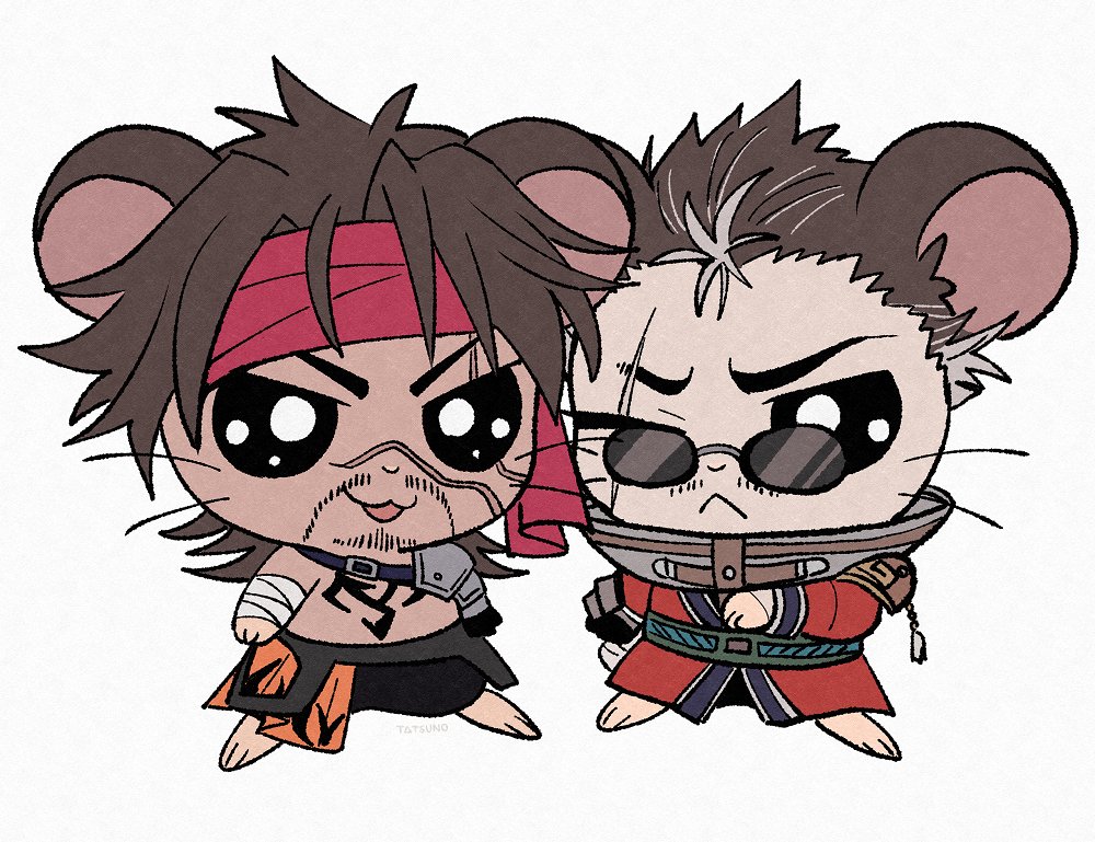 2boys alternate_universe animal_ears animal_hands arm_wrap armor asymmetrical_gloves auron auron_(cosplay) bandana brown_hair chest_tattoo cosplay crossover facial_hair final_fantasy final_fantasy_x furrowed_brow furry furry_male glasses gloves hamster hamster_ears hamtaro_(series) high_collar japanese_armor japanese_clothes jecht jecht_(cosplay) male_focus medium_hair messy_hair multicolored_hair multiple_boys multiple_scars open_mouth pauldrons red_bandana red_robe robe scar scar_across_eye scar_on_face short_hair shoulder_armor single_pauldron smile streaked_hair sunglasses tattoo tribal_tattoo ttnoooo