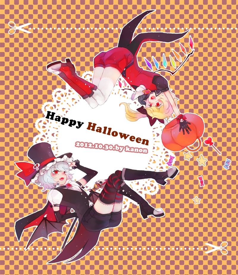 2girls alternate_costume artist_name ascot black_footwear black_gloves black_shirt black_shorts black_sleeves black_thighhighs black_vest black_wings blonde_hair blush boots bow brooch brown_background candy checkered_background commentary crystal dated demon_wings detached_sleeves fangs flandre_scarlet food full_body glove_bow gloves halloween halloween_bucket happy_halloween jewelry kanon_(rsl) looking_at_another medium_hair multiple_girls open_mouth orange_background popped_collar red_bow red_eyes red_footwear red_shorts red_thighhighs red_vest remilia_scarlet scissors shirt short_hair short_sleeves shorts siblings sisters skull smile star_(symbol) striped striped_thighhighs thighhighs touhou vest white_ascot white_shirt wings wrapped_candy