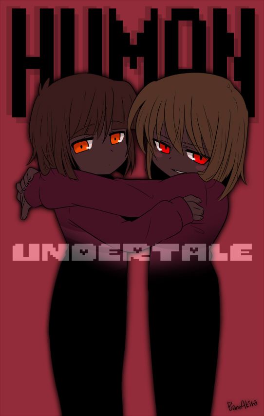 2others bano_akira blush brown_hair chara_(undertale) closed_mouth frisk_(undertale) glowing glowing_eyes grin hug long_sleeves looking_at_viewer multiple_others red_eyes red_sweater red_theme short_hair smile striped striped_sweater sweater undertale unusually_open_eyes