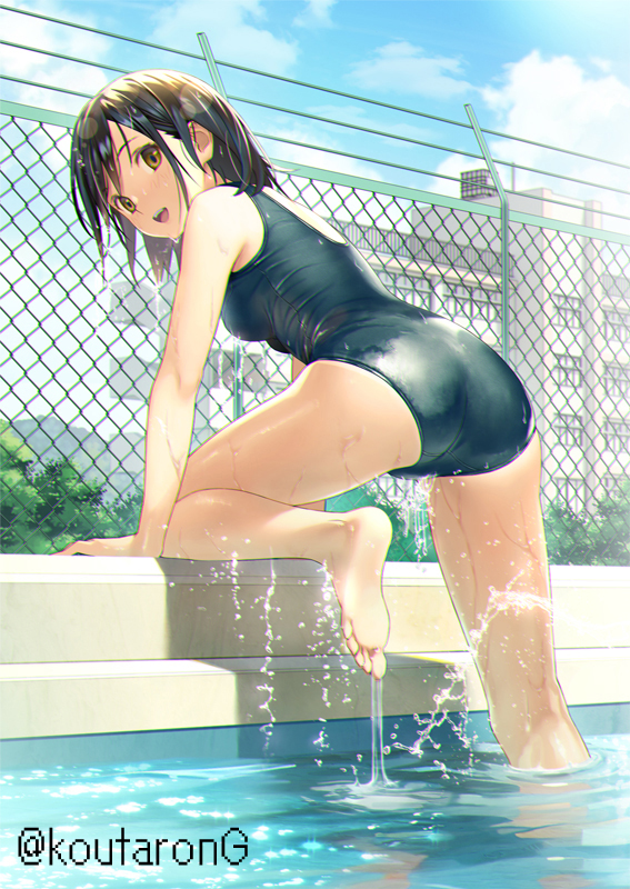 1girl bare_arms bare_legs bare_shoulders barefoot black_hair black_one-piece_swimsuit brown_eyes building chain-link_fence commentary_request day fence koutaro old_school_swimsuit one-piece_swimsuit open_mouth original outdoors pool school_swimsuit short_hair sky smile solo swimsuit twitter_username water wet