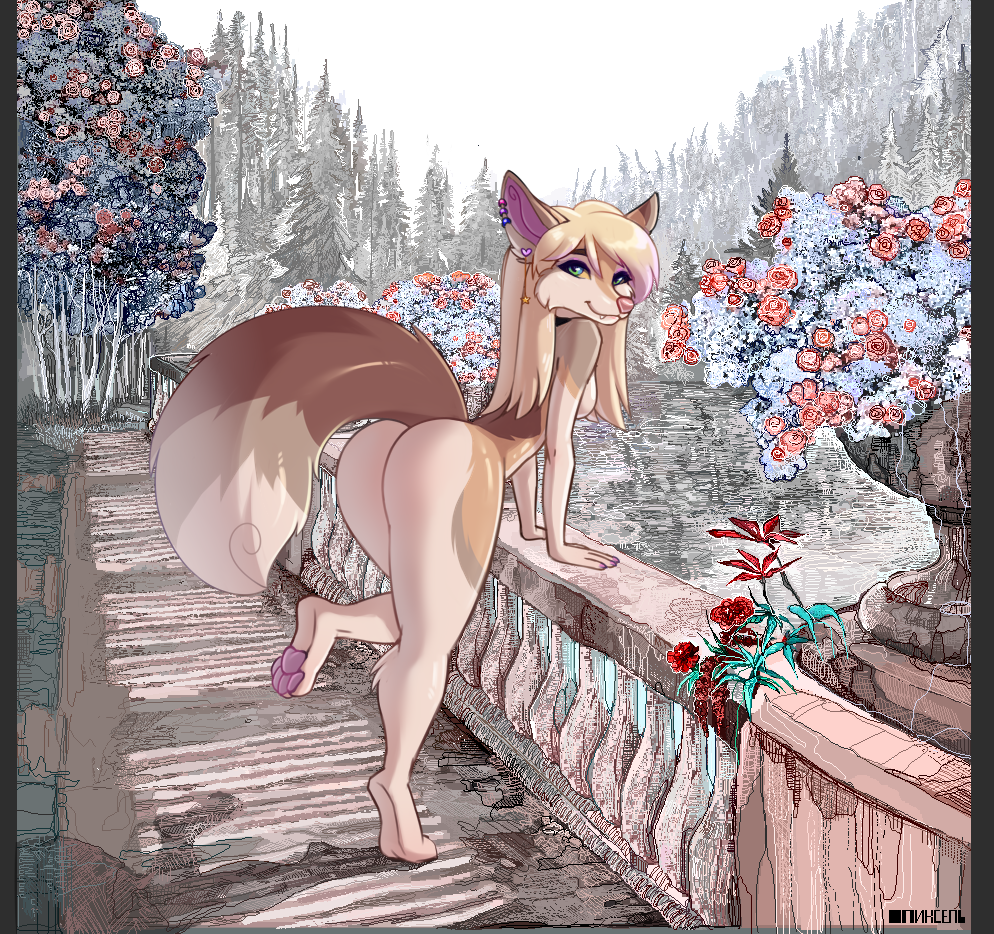 anthro arm_support biped blonde_hair breasts bridge brown_body brown_fur butt canid canine collaboration detailed_background digital_media_(artwork) ear_piercing female flower fur green_eyes hair hindpaw jeffusherb long_hair looking_at_viewer mammal nude nude_outside outside pawpads paws piercing pink_nose pink_pawpads plant rinka_eya shaded solo tail tan_body tan_fur tree vtza water