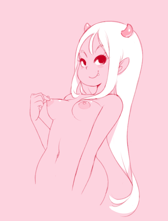 areola breasts demon eyebrows eyelashes female hair half-length_portrait horn humanoid humanoid_pointy_ears long_hair mars_(miu) midriff miu monochrome navel nipple_fetish nipple_pinch nipple_play nipple_pull nipples pinch pink_and_white pink_background portrait simple_background sketch small_horn smile solo