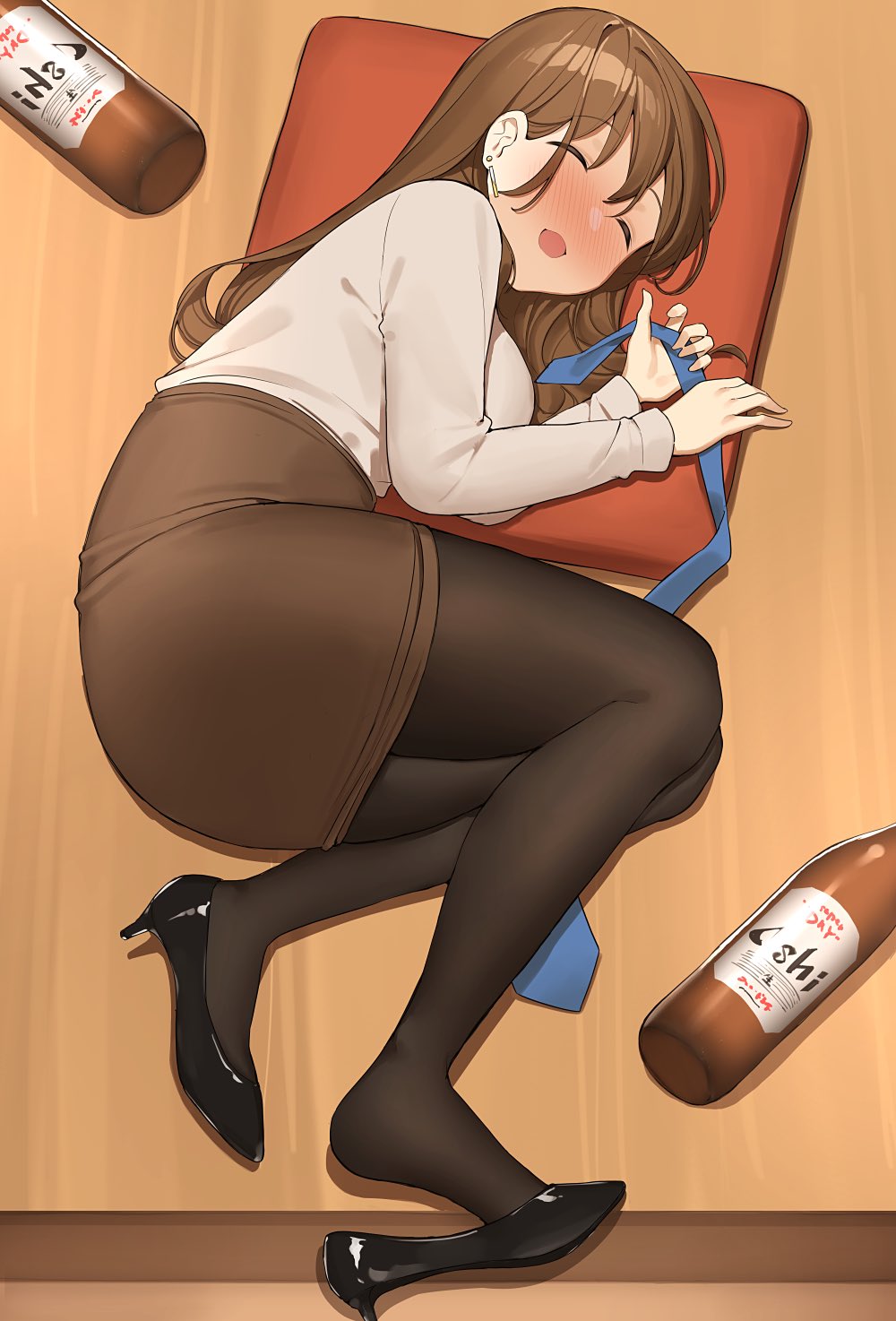 1girl alcohol black_footwear black_pantyhose blue_necktie blush bottle breasts brown_hair brown_skirt closed_eyes commentary_request drunk earrings full_body hair_between_eyes high_heels highres holding_necktie id_card jewelry lap_pillow large_breasts long_hair long_sleeves lying necktie nose_blush office_lady ol_mahonanoka on_side open_mouth original pantyhose pencil_skirt sake_bottle shoe_dangle skirt sleeping sweater white_sweater wooden_floor