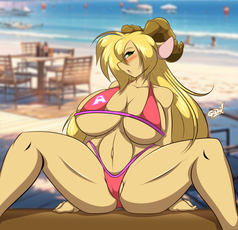 beach big_breasts bikini blonde_hair blush bovid breasts caprine cleavage clothed clothing female hair mammal mastergodai navel seaside spread_legs spreading swimwear thick_thighs